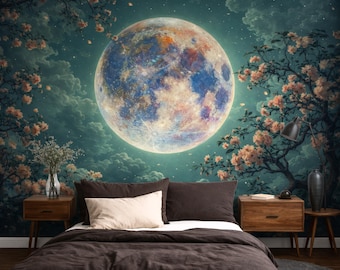 Full Moon Green Wall Mural for Bedroom or Living Room, Sakura Tree Accent Wall Wallpaper, Night Sky Cherry Blossom Mural