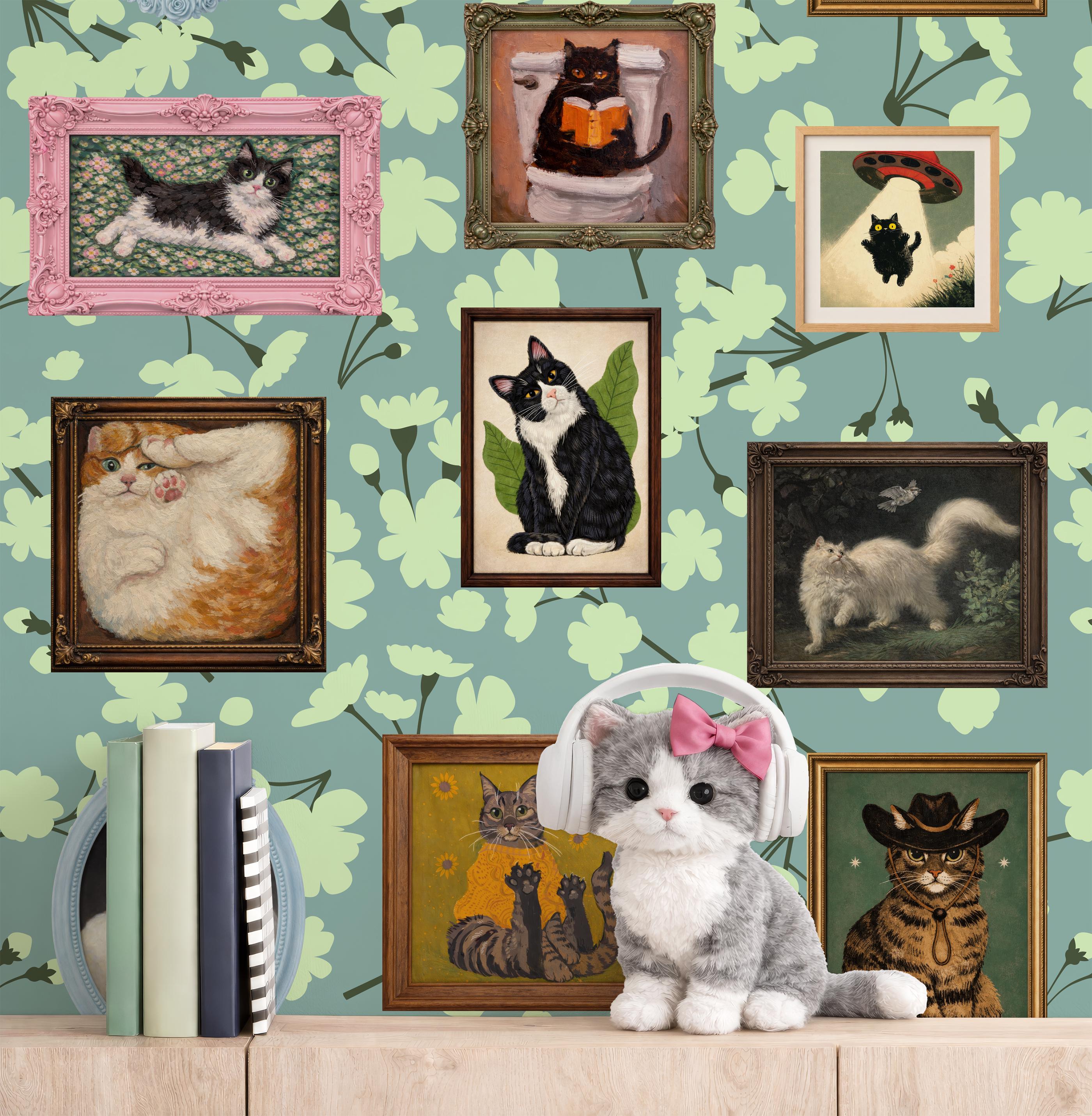 Whimsical Cat Wallpaper Peel and Stick, Cat Gallery Wallpaper Funny ...