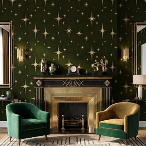 Hemels behang donkergroen, art-decobehang peel and stick, modern behang uit het midden van de eeuw smaragdgroen voor slaapkamer of woonkamer
