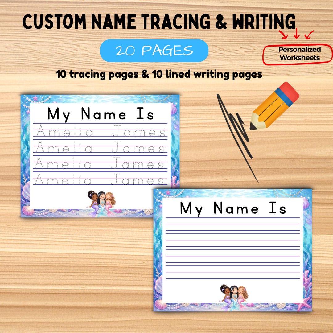 Custom Mermaid Name Tracing Worksheet, Personalized Handwriting ...
