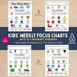 Puede incluir: Cuatro fichas educativas imprimibles para niños con los dígrafos consonánticos sh, ch, th y ck. Cada ficha incluye ejemplos de palabras con ilustraciones, una sección para el nombre y una cuadrícula de seguimiento. El texto dice Kids' Weekly Focus Charts.