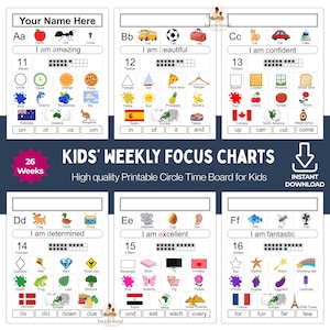 Puede incluir: Gráficos semanales de enfoque para niños imprimibles con ilustraciones coloridas y contenido educativo. Cada gráfico presenta letras, números y palabras asociadas. Descarga instantánea.