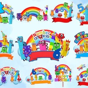Puede incluir: Una colección de adornos para tartas Numberblocks coloridos con los números 3, 4, 5 y 6, junto con el texto "Happy Birthday". Cada diseño incluye un arcoíris, nubes y varios personajes de Numberblock. Los adornos están diseñados para celebraciones de cumpleaños.