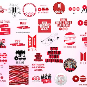 Op de afbeelding: Een verzameling rode en witte BTS World Tour en Arirang logo's en afbeeldingen. De afbeelding bevat tekst zoals "BTS World Tour 2026", "Entradas a la venta ahora" en "2026.03.20".