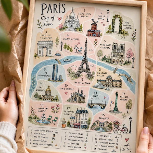 Paris Map Poster, Paris Wall Art Printable, Eiffel Tower Print, Paris Travel Poster, French Decor (Digital Download)
