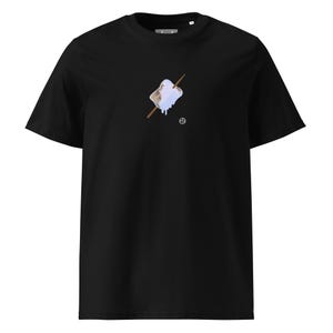 May include: Black t-shirt featuring a graphic of a melting ice cream bar on a stick. The ice cream is light blue and tan, with a brown stick. A small logo is on the lower right.