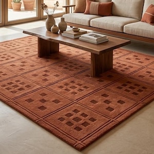 Terracotta Wool Rug 9x12 | Hand Tufted Geometric Area Rug | Burnt Orange Boho Living Room Carpet | Plush Moroccan Grid Floor Rug Custom