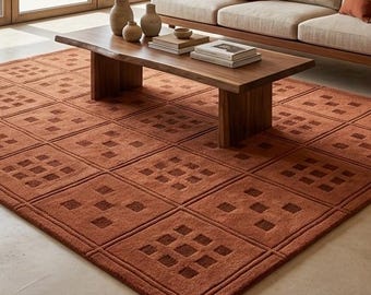 Tapete de lã terracota 9x12 | Tapete geométrico tufado à mão | Tapete boho laranja queimado para sala de estar | Tapete marroquino quadriculado macio personalizado