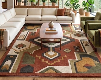 Rust and Olive Geometric Hand Tufted Wool Area Rug Modern Southwestern Boho Rug, 8x10 Eclectic Carpet, Colorful Mid Century Rug for Sale