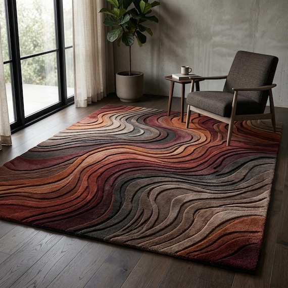 Hand Tufted Wool Rug 8x10 Abstract Wave Rug Modern Area Rug Boho Rug Living Room Rug Neutral Earth Tone Carpet Textured Handmade Rug