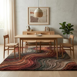 Hand tufted wool rug 8x10 under dining table abstract wave pattern modern earth tone textured area rug living room decor