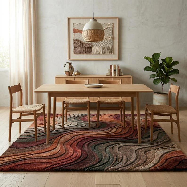 Hand tufted wool rug 8x10 under dining table abstract wave pattern modern earth tone textured area rug living room decor