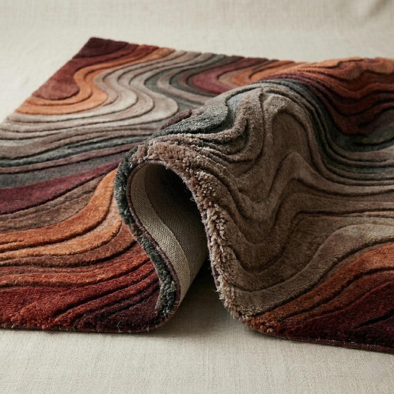 May include: A rectangular area rug featuring a textured, wavy pattern in shades of deep red, burnt orange, brown, and muted gray. The rug is partially folded, revealing a light-colored, woven fabric backing on the underside of the corner.