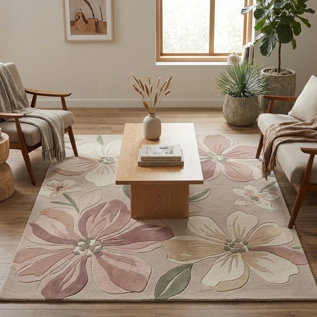 Hand Tufted Wool Floral Area Rug: Pink Botanical Carpet, Pastel Sage ...