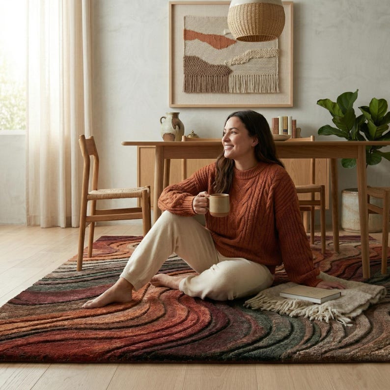 May include: A large rectangular area rug featuring a textured, wavy pattern in shades of rust, terracotta, deep red, and dark green. The rug has a high-low pile construction that creates a dimensional, rippled effect across the entire surface area.