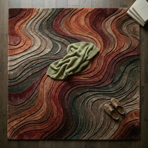 May include: A rectangular area rug featuring a textured, wavy pattern in shades of rust, brown, and deep red. A folded sage green knit throw blanket rests on the surface, accompanied by a pair of tan leather slip-on shoes near the bottom right.
