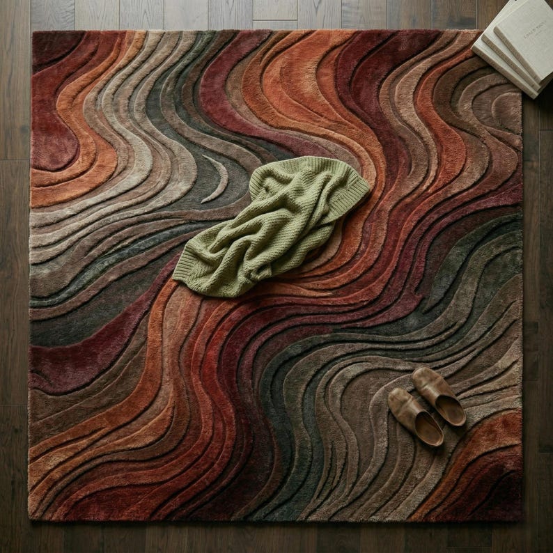 May include: A rectangular area rug featuring a textured, wavy pattern in shades of rust, brown, and deep red. A folded sage green knit throw blanket rests on the surface, accompanied by a pair of tan leather slip-on shoes near the bottom right.