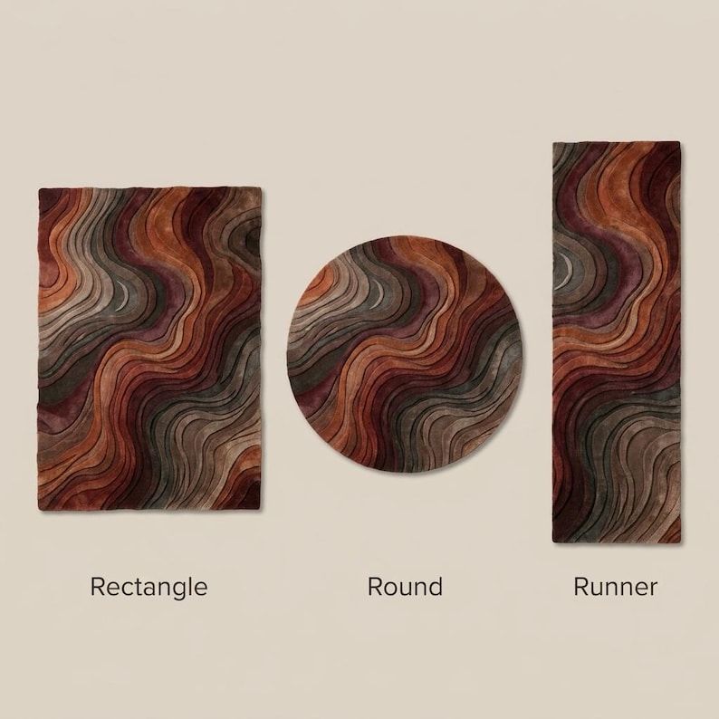 May include: Three rugs featuring a wavy, layered pattern in shades of rust, brown, and gray. The set includes a rectangle rug labeled Rectangle, a round rug labeled Round, and a long, narrow rug labeled Runner, all displayed on a plain background.