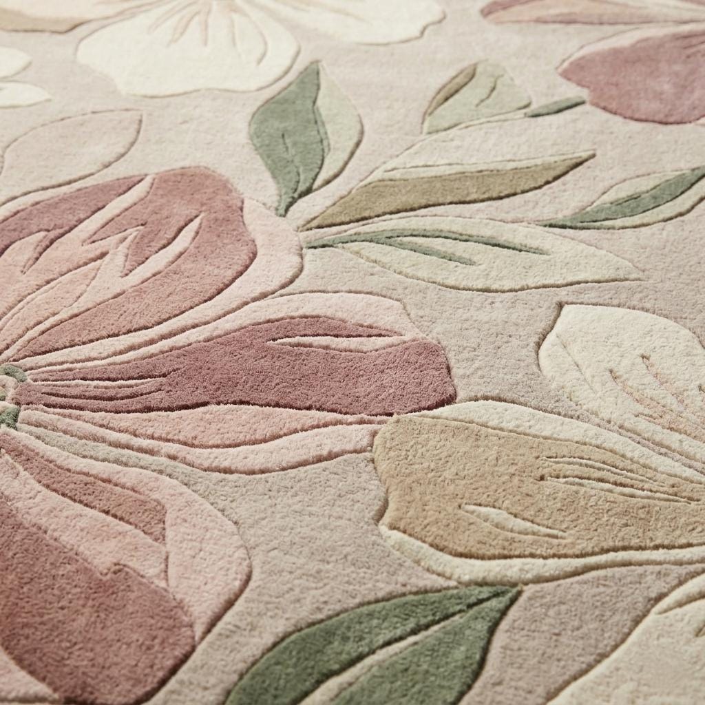 Hand Tufted Wool Floral Area Rug: Pink Botanical Carpet, Pastel Sage ...