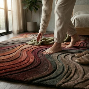 May include: A textured area rug featuring a wavy, multi-layered pattern in shades of deep red, burnt orange, brown, and muted green. The rug has a carved, three-dimensional surface with undulating lines that create a sense of depth and movement.