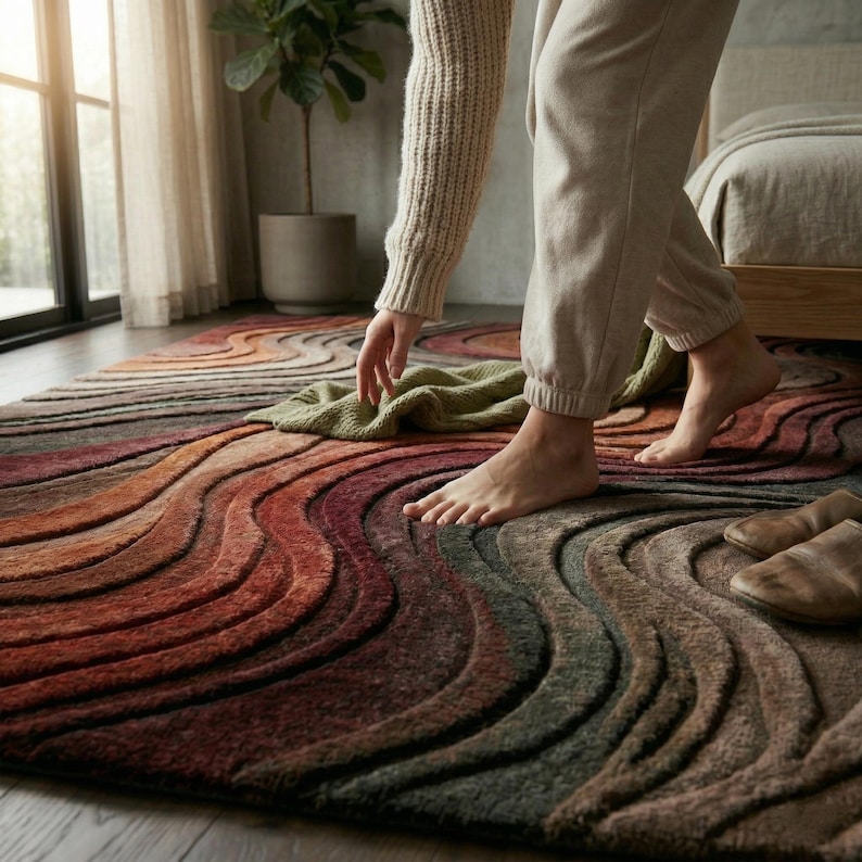 May include: A textured area rug featuring a wavy, multi-layered pattern in shades of deep red, burnt orange, brown, and muted green. The rug has a carved, three-dimensional surface with undulating lines that create a sense of depth and movement.