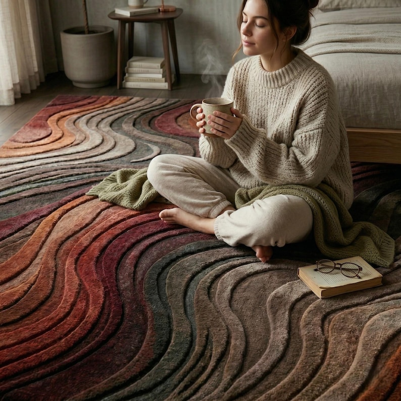 Soft hand tufted wool rug close-up with person sitting cozy abstract wave pattern rug earth tone luxury handmade carpet