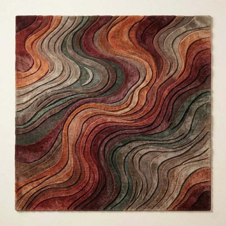 May include: A square rug featuring a textured, three-dimensional wave pattern. The design consists of flowing, undulating lines in a palette of deep burgundy, burnt orange, muted olive green, and warm taupe, creating a layered, carved effect.