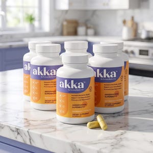 以下が含まれることがあります： 紫とオレンジ色の文字で「akka」と書かれた白いサプリメントボトル。 ボトルには「Akkermansia Superbiotic」と「Dietary Supplement」と書かれています。 2つの黄色のカプセルがボトルの前にあります。