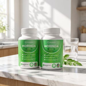 May include: Two white supplement bottles with green labels that read "MORINGA" and "100% Pure." The labels also state "Supports a Good Nights Sleep" and "Supports Healthy Joints." A glass of water and moringa leaves are next to the bottles.