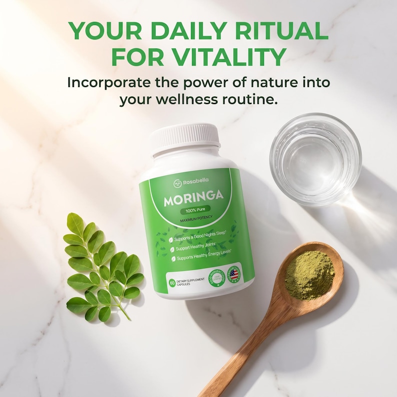May include: A white bottle of Rosabella Moringa dietary supplement capsules with a green label, a wooden spoon with green powder, a glass of water, and a moringa leaf on a white marble surface. Text reads "YOUR DAILY RITUAL FOR VITALITY".