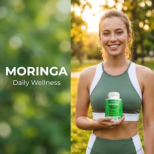 May include: A woman in athletic wear holds a white and green bottle of Moringa supplements. The bottle has a green label with the word "MORINGA" and the words "Daily Wellness" are displayed in white text. The background is a blurred green.