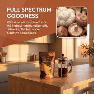 Puede incluir: Una bolsa marr&oacute;n de caf&eacute; de hongos RYZE con un dise&ntilde;o de girasol, una prensa francesa de vidrio y una colecci&oacute;n de hongos. El texto dice "FULL SPECTRUM GOODNESS" y describe los beneficios nutricionales.