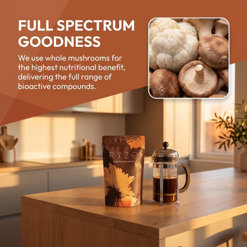 Puede incluir: Una bolsa marr&oacute;n de caf&eacute; de hongos RYZE con un dise&ntilde;o de girasol, una prensa francesa de vidrio y una colecci&oacute;n de hongos. El texto dice "FULL SPECTRUM GOODNESS" y describe los beneficios nutricionales.