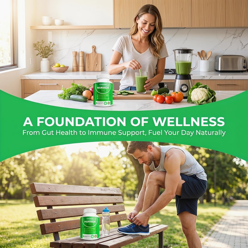 May include: Image features a woman in a kitchen preparing a green drink, and a man tying his shoe on a park bench. A bottle of MORINCA is visible in both scenes. Text reads: A FOUNDATION OF WELLNESS.