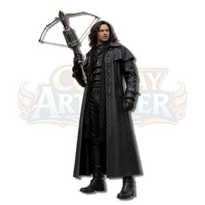 May include: A long black leather trench coat with a high collar, multiple front buckles, and matching black trousers. The outfit includes dark gloves and boots, paired with a mechanical crossbow held in one hand. The background features a logo.