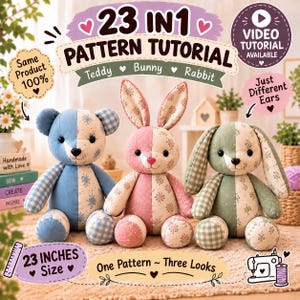 23 Inch Memory Bear Sewing Pattern, Bunny Rabbit Teddy Tutorial, Memorial Keepsake from Clothes, Complete Video Sewing Tutorial PDF Download