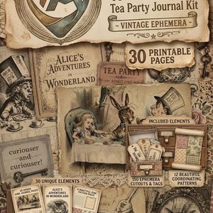 Peut inclure: Un kit de journal de thé Alice au pays des merveilles comprenant 30 pages imprimables, 150 découpages éphémères, des étiquettes et 12 motifs coordonnés. Le kit inclut des illustrations vintage d'Alice, du Chapelier Fou et du Chat du Cheshire.