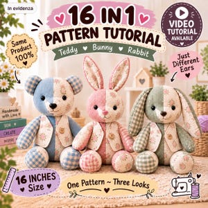 Puede incluir: Un tutorial de patrón de costura de 16 pulgadas para tres animales de peluche: un oso, un conejo y una liebre. La imagen muestra tres peluches hechos de telas florales y a cuadros, cada uno con un pequeño chaleco con un botón de madera.
