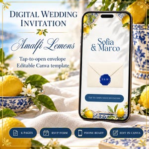 Amalfi Lemon Digital Wedding Invitation Template, Tap to Open Envelope Evite, Wedding Website RSVP, Editable Canva Invite, Italian Summer
