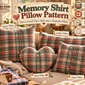Puede incluir: Un patrón digital para cojín de camisa de recuerdo con el texto Memory Shirt Pillow Pattern. La imagen muestra cuatro cojines hechos de tela de camisa a cuadros rojos, verdes y crema en formas cuadrada, corazón, lumbar y con bolsillo.