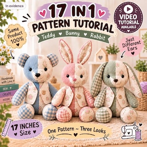 Puede incluir: Tres peluches que representan un oso, un conejito y una liebre, cada uno de 43 cm de altura. Están confeccionados con telas mixtas con estampados florales y de cuadros en azul, rosa y verde. Cada juguete lleva un pequeño chaleco con un botón de madera.