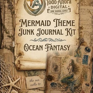 Può includere: Un kit digitale per junk journal intitolato Mermaid Theme Junk Journal Kit Ocean Fantasy di Todo Ahora Digital. La grafica beige in stile pergamena presenta testo, un'illustrazione di sirena, conchiglie, una stella marina e una rete.