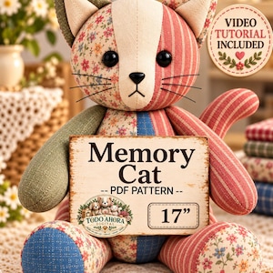 Memory Cat Sewing Pattern PDF, 17 Inch 43cm Memorial Keepsake Cat Plush from Clothing, Sitting Kitty Pattern, Pet Loss Sympathy Gift
