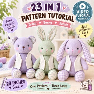 Peut inclure: Trois peluches incluant un ours violet, un lapin vert et un lapin violet, portant tous des gilets blancs. Le texte indique 23 IN 1 PATTERN TUTORIAL, 23 INCHES Size et One Pattern ~ Three Looks. Détails en tissu floral et à carreaux vichy.