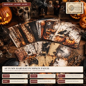 Può includere: Un kit digitale per junk journal intitolato Autumn Harvest Pumpkin Patch che include 30 pagine di ephemera stampabili. La collezione comprende sfondi a tema, tasche, buste, etichette, segnalibri e schede per diario con motivi di zucche e teschi.
