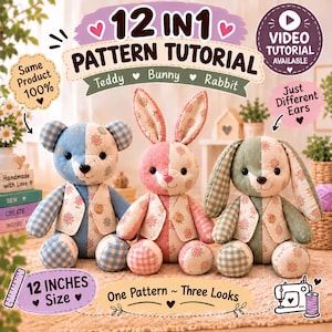 Könnte beinhalten: Eine 30,48 cm große Nähanleitung für drei Stofftiere: einen Teddybären, einen Hasen und ein Kaninchen. Jedes Plüschtier hat ein zweifarbiges Design mit Blumen- und Karomustern, eine kleine Weste und ein Knopfdetail.