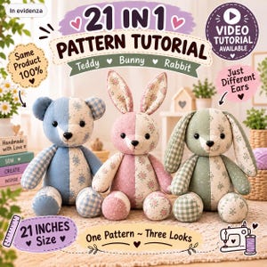 Molde para Costura de Urso de Pelúcia de 53 cm (21 Polegadas), Tutorial Completo em Vídeo para Fazer um Coelho de Pelúcia, Lembrança Memorial Feita de Roupas