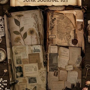 Può includere: Un kit per junk journal Dark Academia Library con 30 pagine stampabili che includono illustrazioni botaniche vintage, mappe, etichette Ex Libris e frammenti di testo. Il download digitale presenta texture di carta invecchiata e motivi a farfalla.