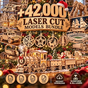 Op de afbeelding: Een digitale collectie van 42.000 lasergesneden modellen met houten ontwerpen zoals een trein, helikopter, gorilla, schip en ornamenten. De afbeelding toont de tekst +42,000 LASER CUT MODELS BUNDLE, met iconen voor SVG, DXF, PDF en CDR bestandsformaten.