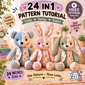 24 Inch Memory Bear Sewing Pattern, Bunny Rabbit Tutorial, Memorial Gift from Clothes, Keepsake Plush Video Tutorial, 3 in 1 Pattern